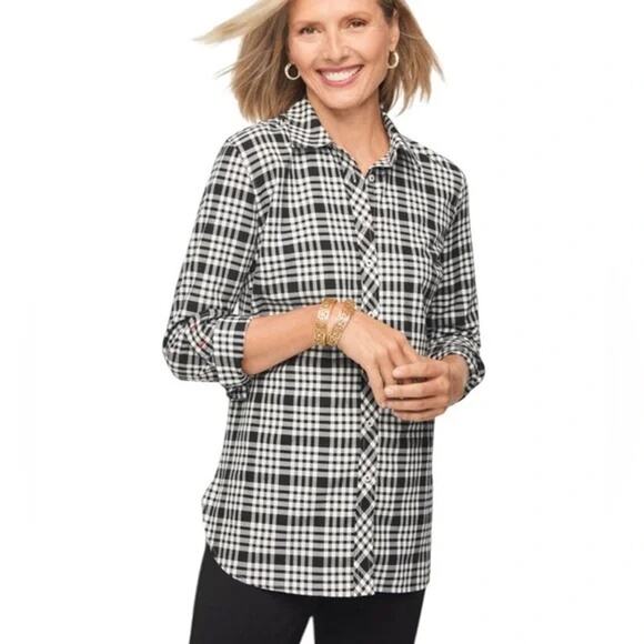 Talbots White Black Silver Metallic Plaid Classic Button Down Shirt - L - Picture 1 of 12